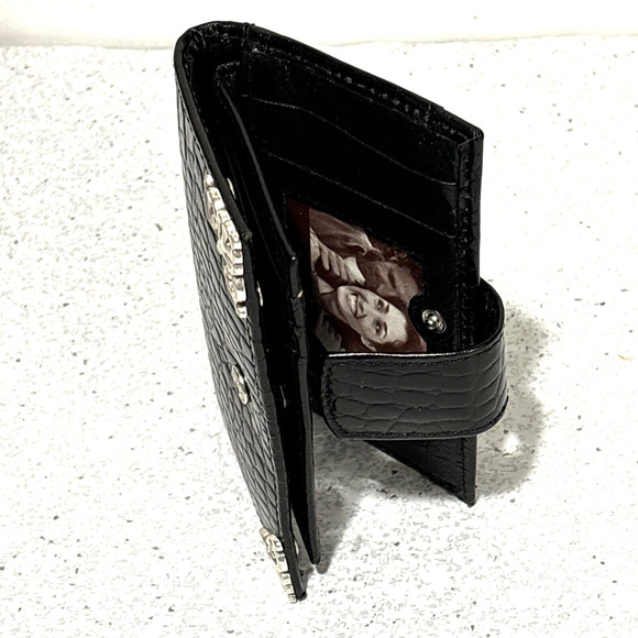 Brighton Black Leather Wallet Moc Croc Textured Card ID Bifold Coin Purse Silver - Picture 3 of 9